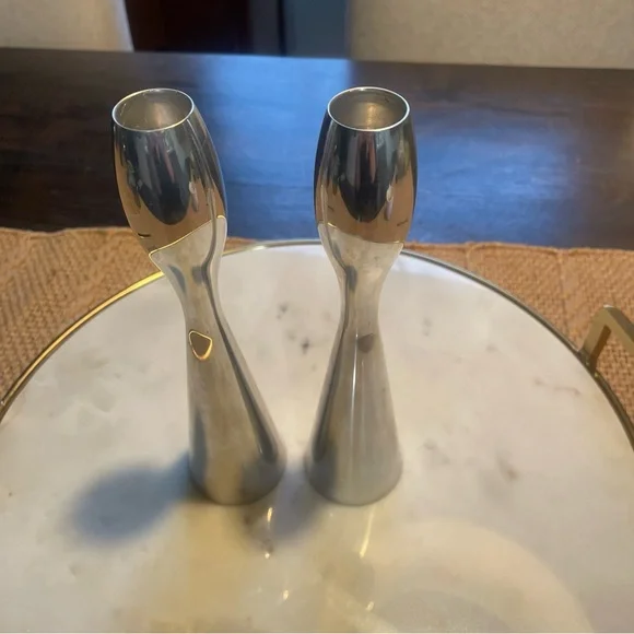 Vintage Nambe Studios 6026 Pair of Candle Holders 1994 Modern Minimal MCM - Picture 3 of 4